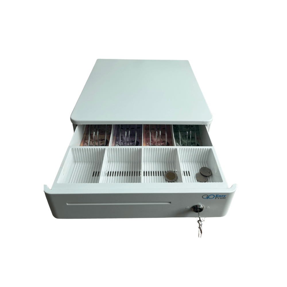 ลิ้นชักเก็บเงิน EASYPRINT รุ่น CD-330 สีขาว 4 ช่องธนบัตรขนาดใหญ่ 4 ช่องเหรียญ RJ11 12/24V